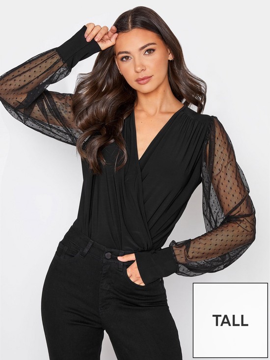 front image of long-tall-sally-spot-mesh-sleeve-bodysuit-black