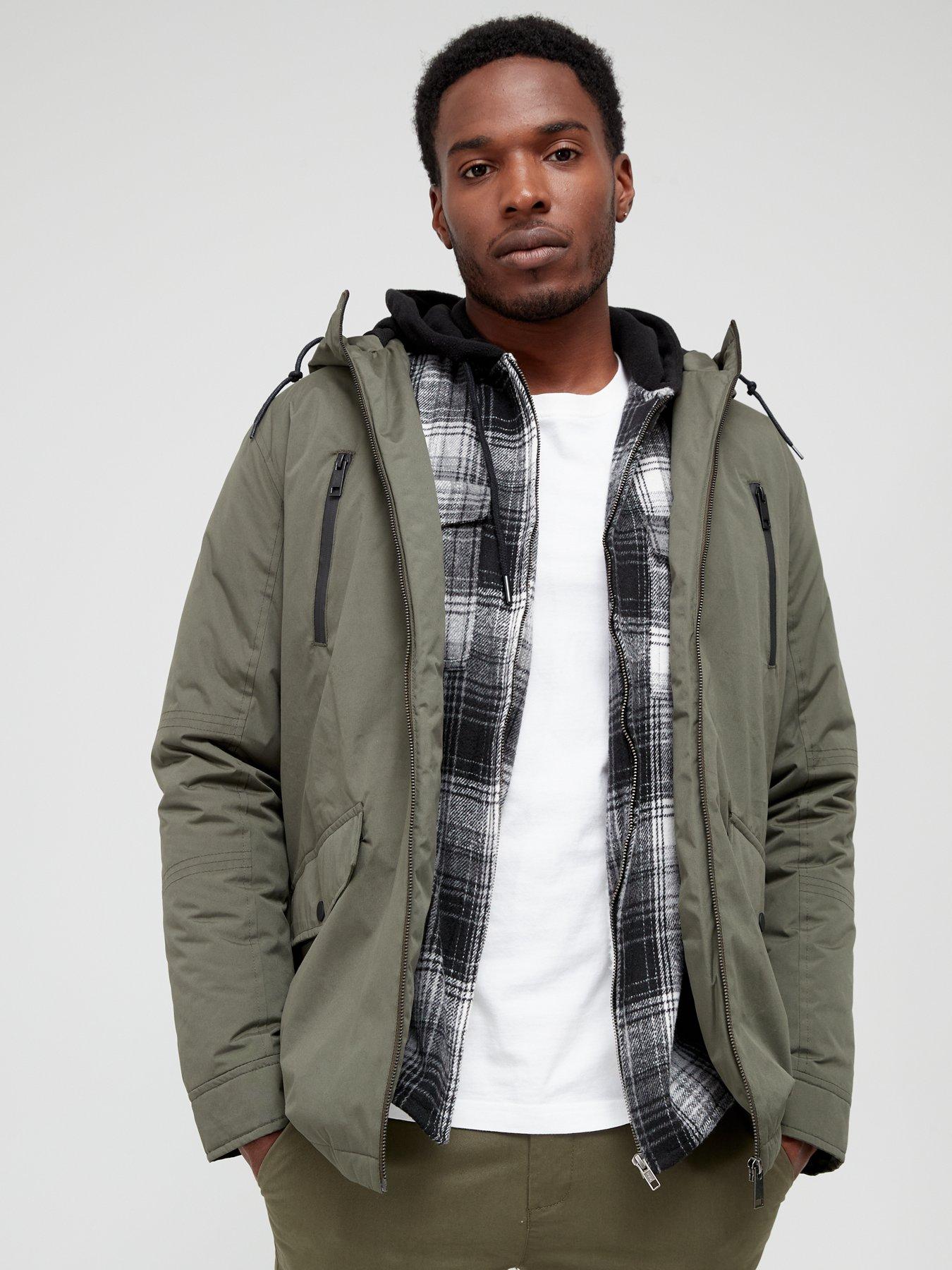  image of very-man-mid-length-hooded-jacket-khaki