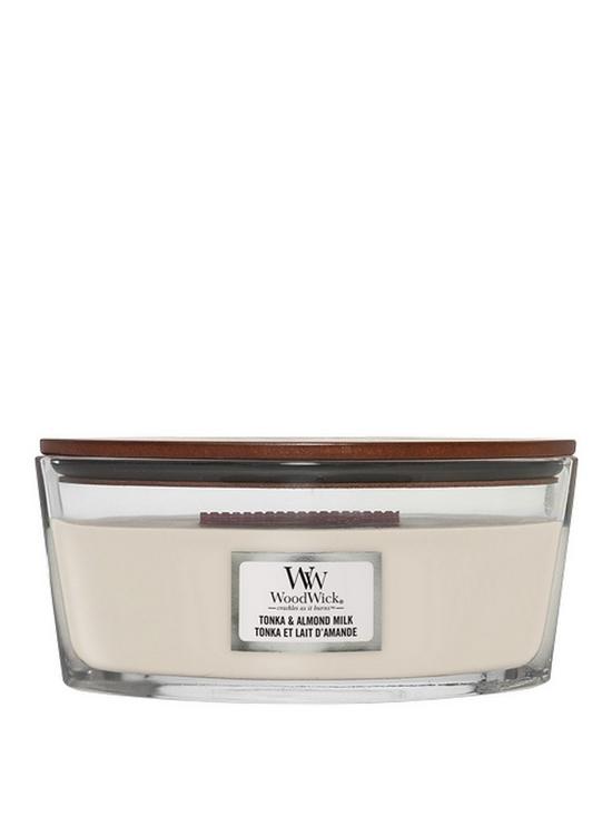 front image of woodwick-large-ellipse-candle-jar-tonka-almond-milk