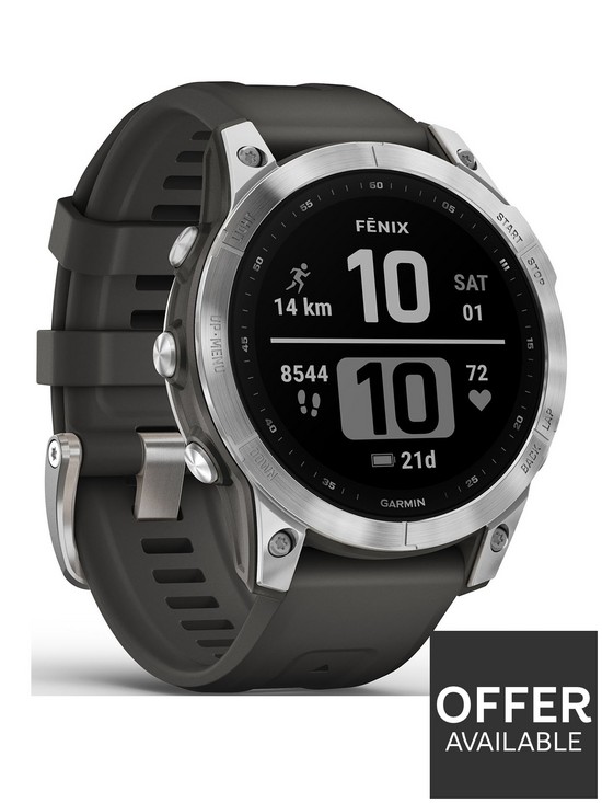 front image of garmin-fenix-7-multisport-gps-watch-silver-with-graphite-band