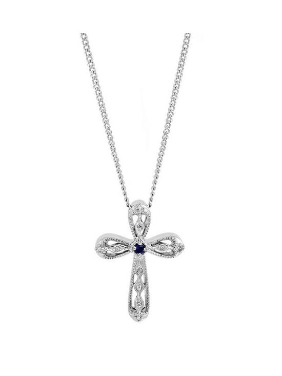 front image of love-gem-arrosa-sterling-silver-15mm-created-sapphire-and-diamond-cross-pendant-necklace