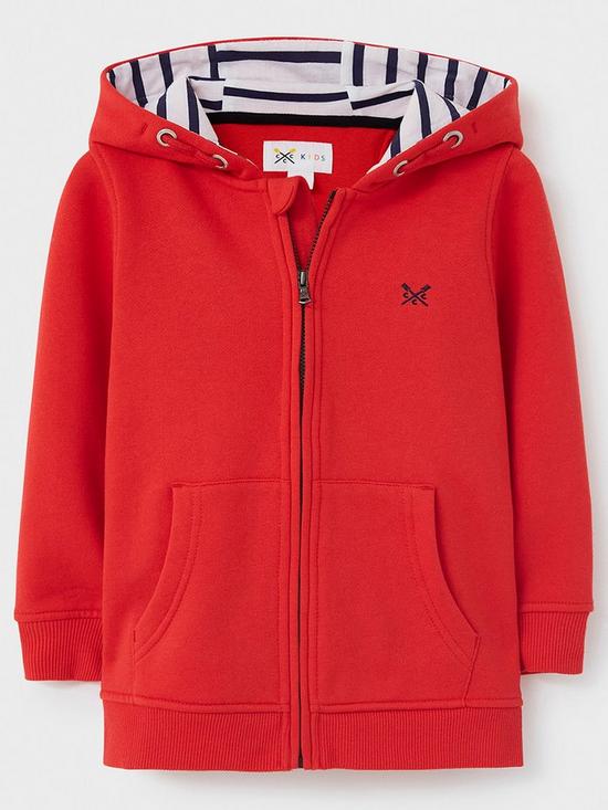 front image of crew-clothing-boys-rainbow-zip-through-hoody-ruby-red