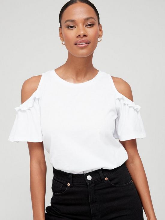 front image of v-by-very-cold-shoulder-frill-t-shirt-whitenbsp
