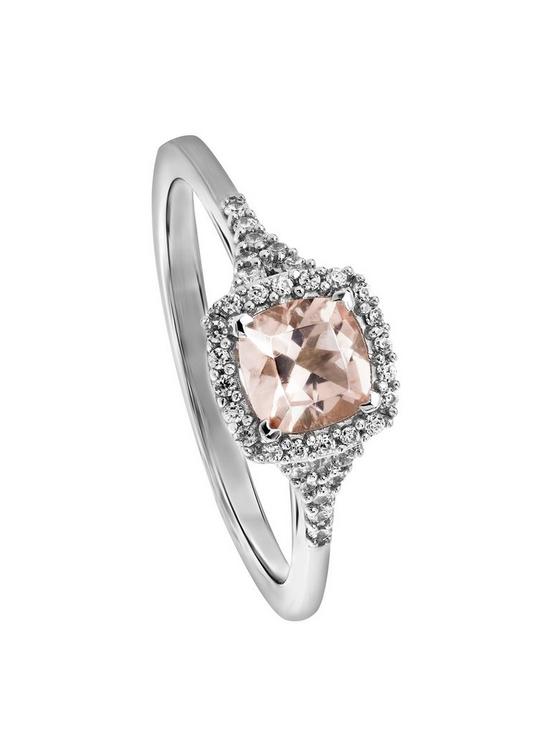 front image of love-gem-9ct-white-gold-5mm-cushion-cut-morganite-and-014ct-diamond-ring