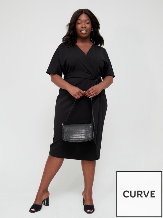 front image of v-by-very-curve-short-sleeve-scuba-crepe-fitted-dress-black