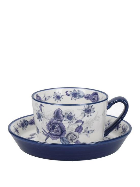 front image of london-pottery-blue-rose-teacup-and-saucer