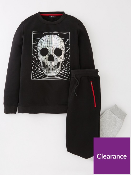 front image of v-by-very-boys-foil-skull-sweat-and-jogger-set-blackgrey