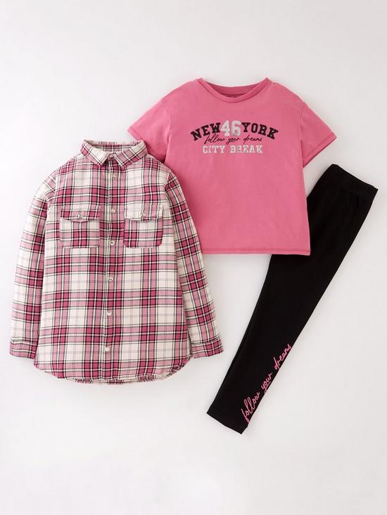 front image of v-by-very-girls-3-piece-check-shirtt-shirt-and-legging-set-multi