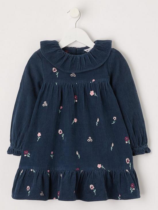 front image of mini-v-by-very-girls-frill-collar-embroidered-long-sleeve-cord-dress-navy