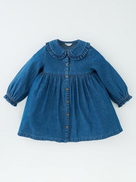 front image of mini-v-by-very-girls-peter-pan-collar-long-sleeve-denim-dress-blue