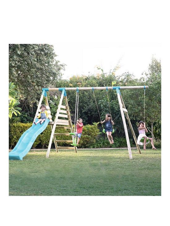 front image of tp-galapagos-wooden-swing-set-slide
