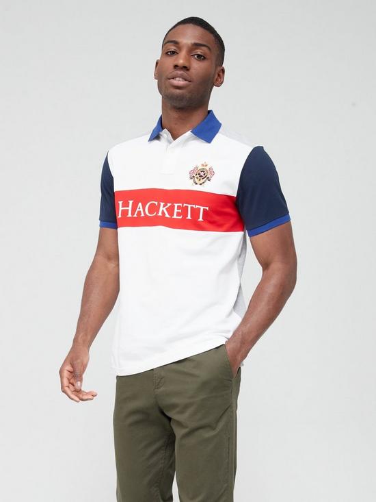 front image of hackett-crest-panel-polo-shirt-white