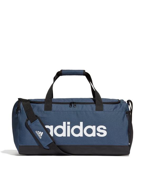 front image of adidas-medium-linear-duffel-bag-navyblackwhite
