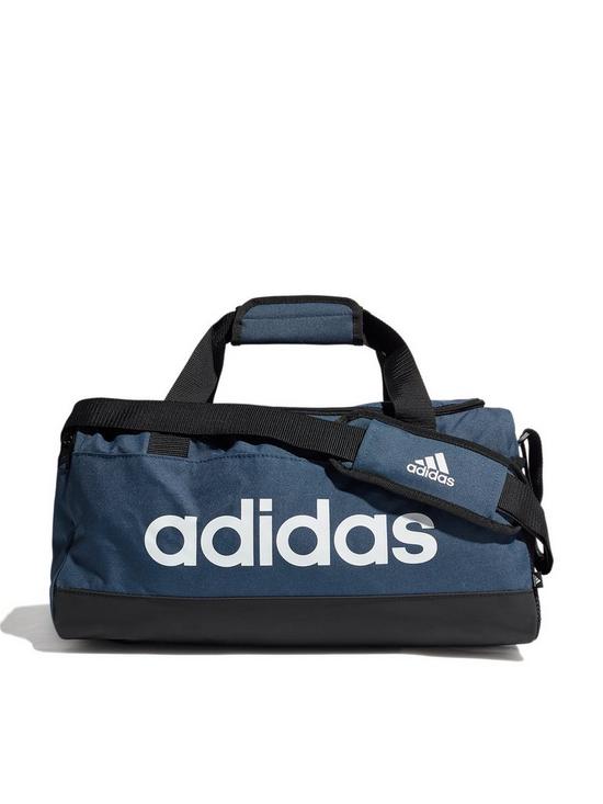 front image of adidas-small-linear-duffel-bag-navyblackwhite