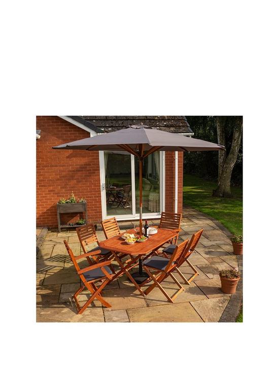 front image of rowlinson-plumley-outdoor-diningnbspset-withnbspcushionsnbspparasol-and-15kg-base-grey