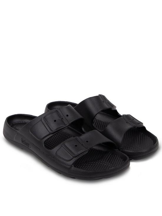 front image of totes-ladies-solbounce-buckle-cross-slide-sandals-black