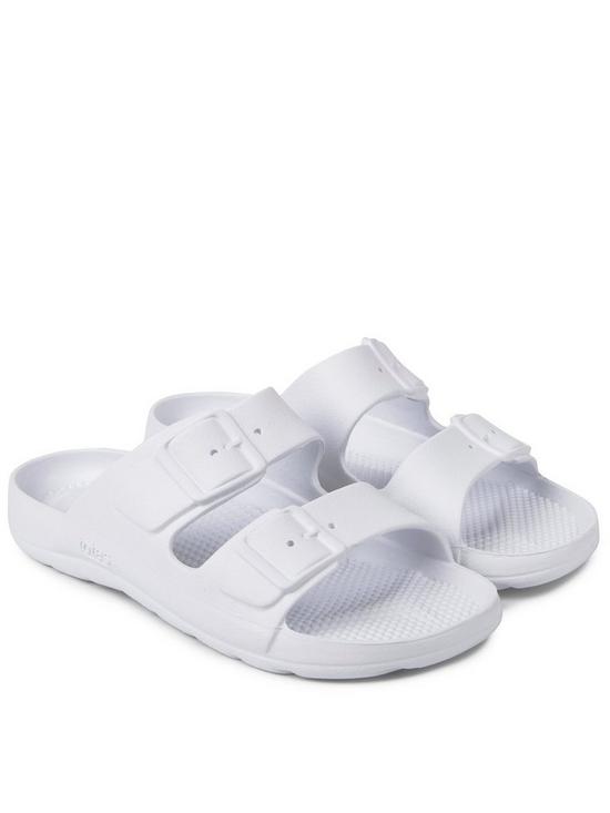 front image of totes-ladies-solbounce-buckle-cross-slide-sandals-white
