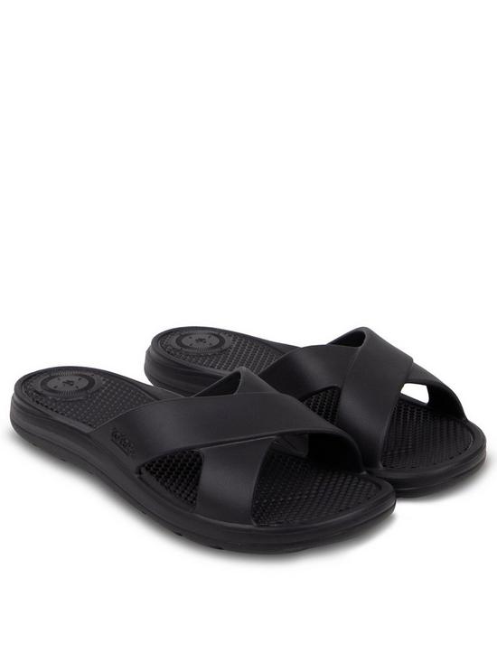 front image of totes-ladies-solbounce-cross-slide-sandals-black