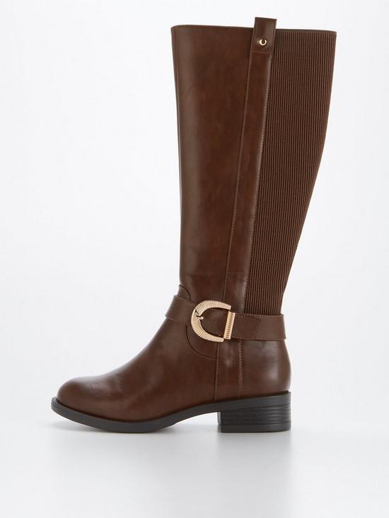 front image of v-by-very-wide-fit-comfort-buckle-trim-riding-boot-with-stretch-back-brown