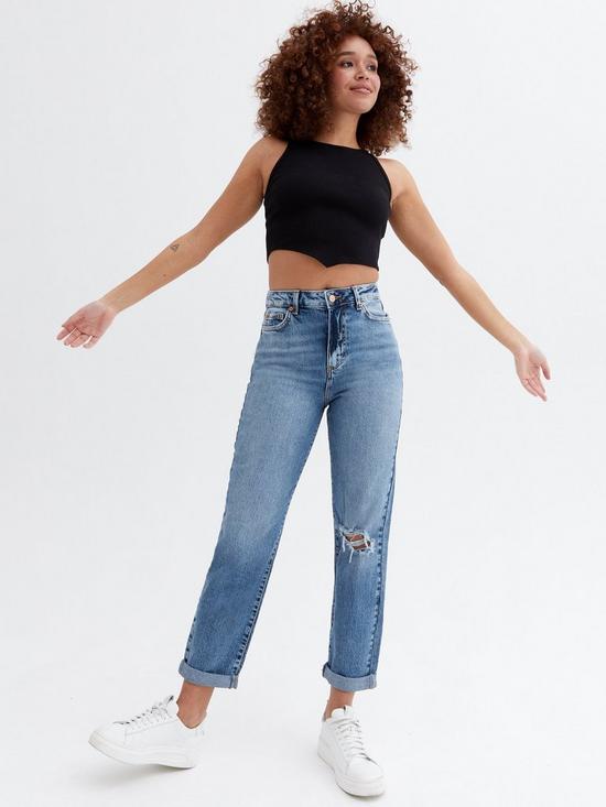 front image of new-look-ripped-knee-high-waist-tori-mom-jeans-mid-blue