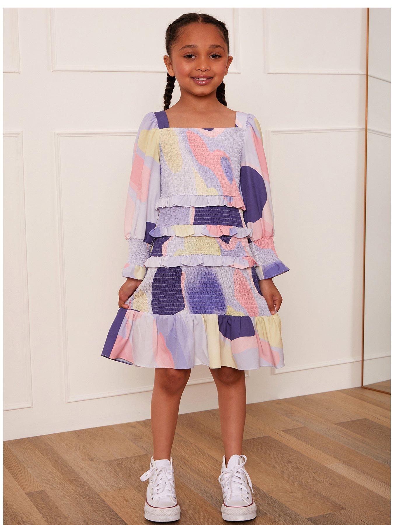  image of chi-chi-london-youngernbspgirls-shirred-soft-abstract-print-midi-dress-multi