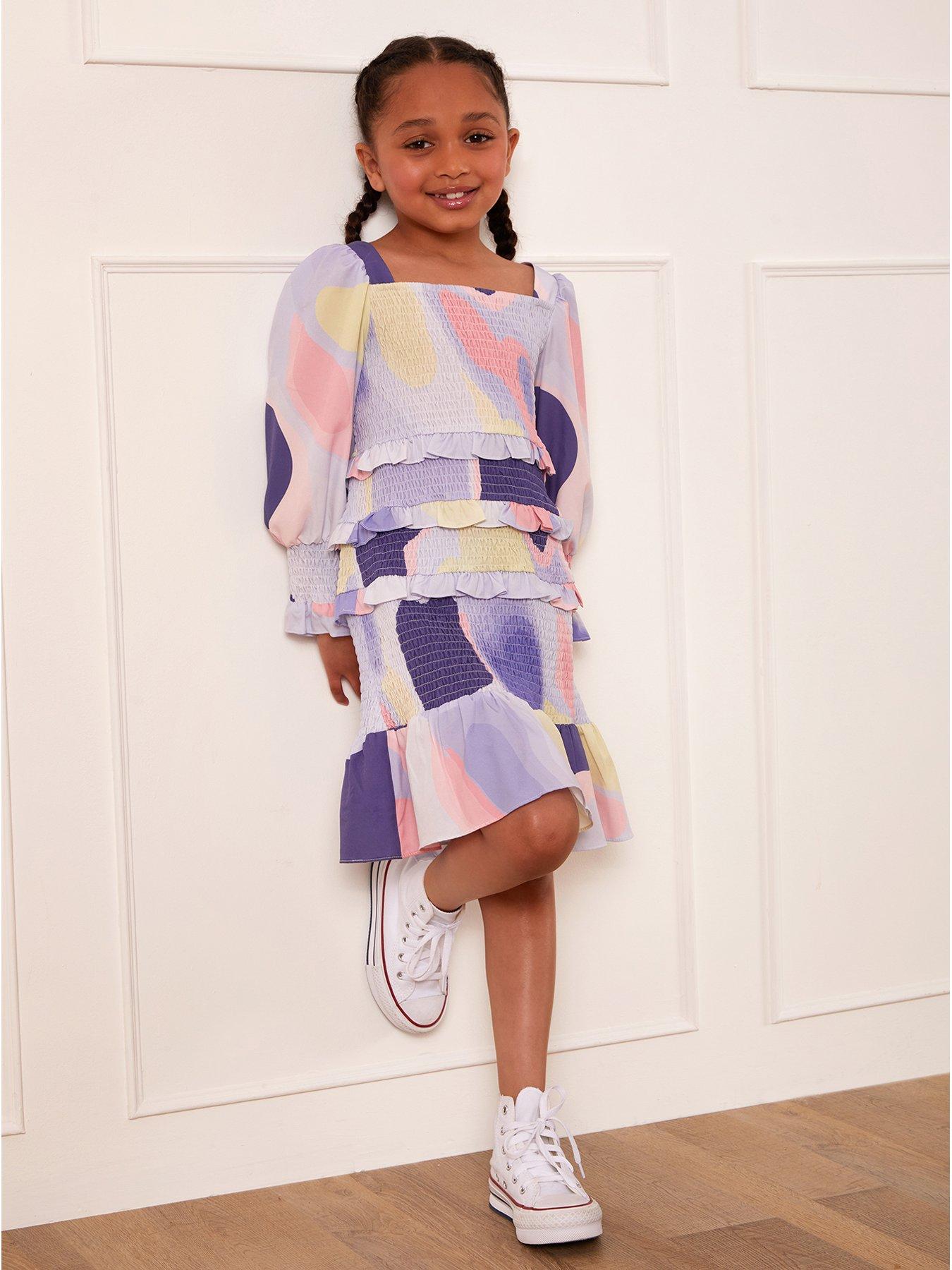  image of chi-chi-london-youngernbspgirls-shirred-soft-abstract-print-midi-dress-multi