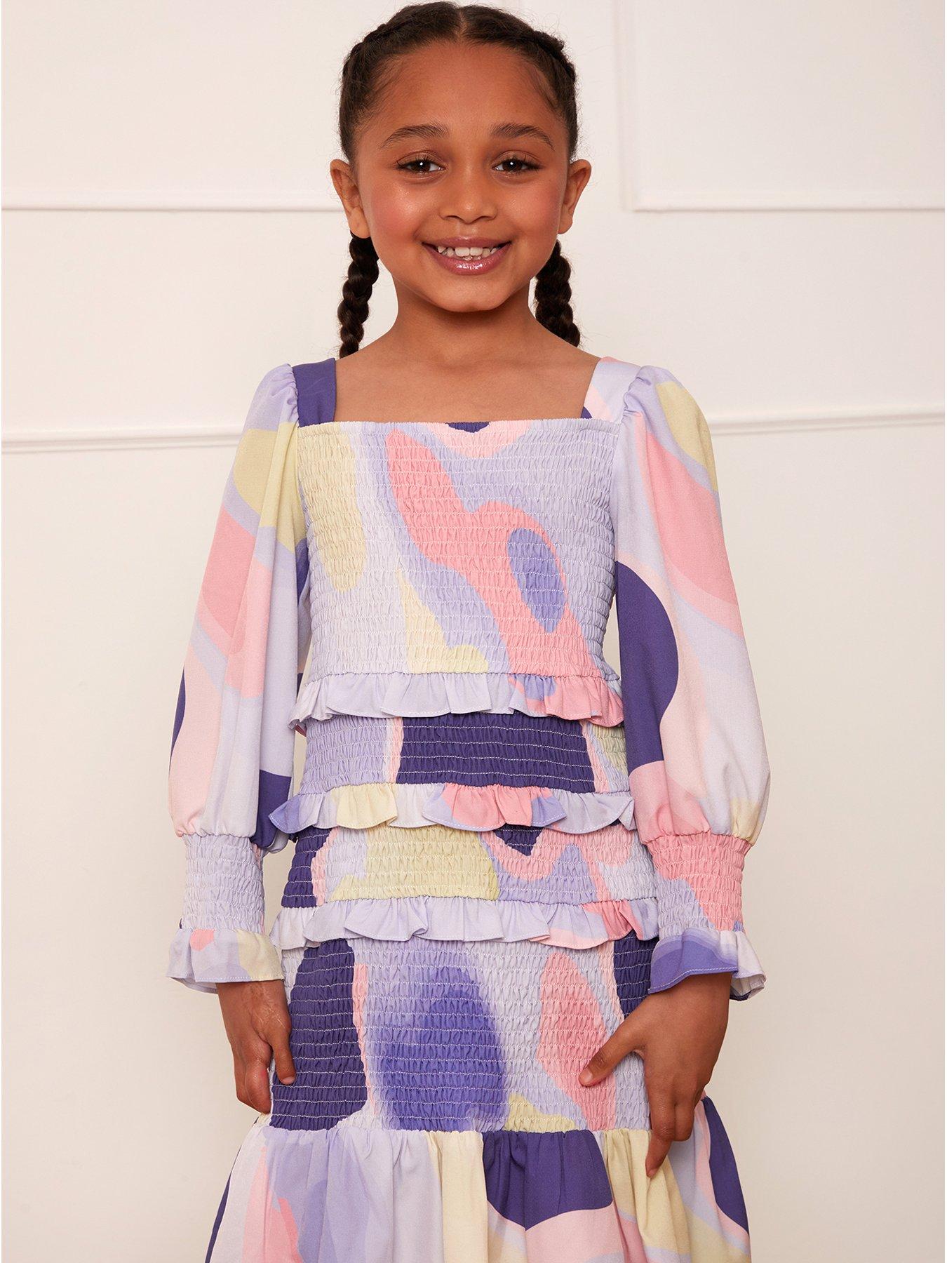  image of chi-chi-london-youngernbspgirls-shirred-soft-abstract-print-midi-dress-multi