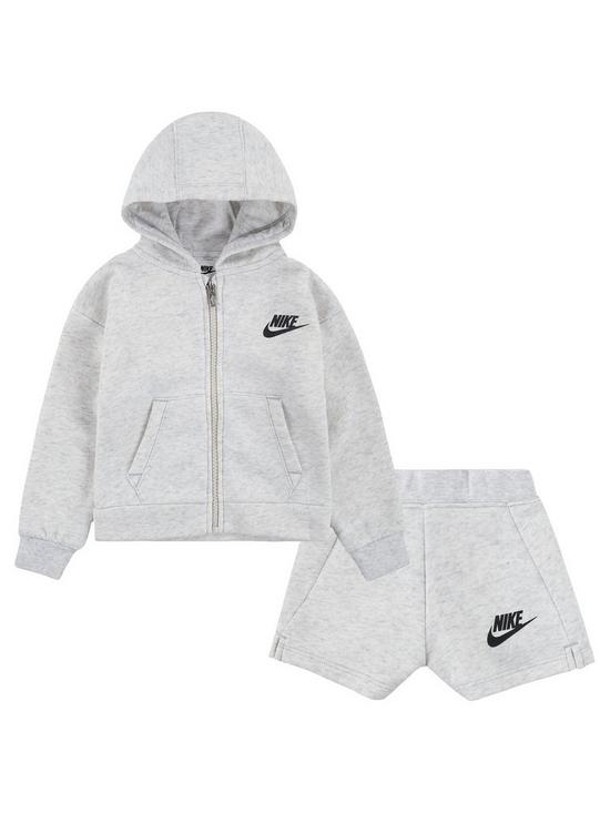 front image of nike-younger-girls-club-fleece-fz-amp-short-set-brown