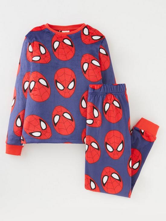 front image of spiderman-boys-spiderman-fleece-pyjamas-blue