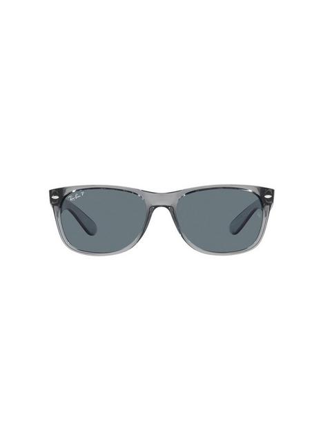 ray-ban-new-wayfarer-square-transparent-grey-frame-dark-blue-polar-lens-sunglasses