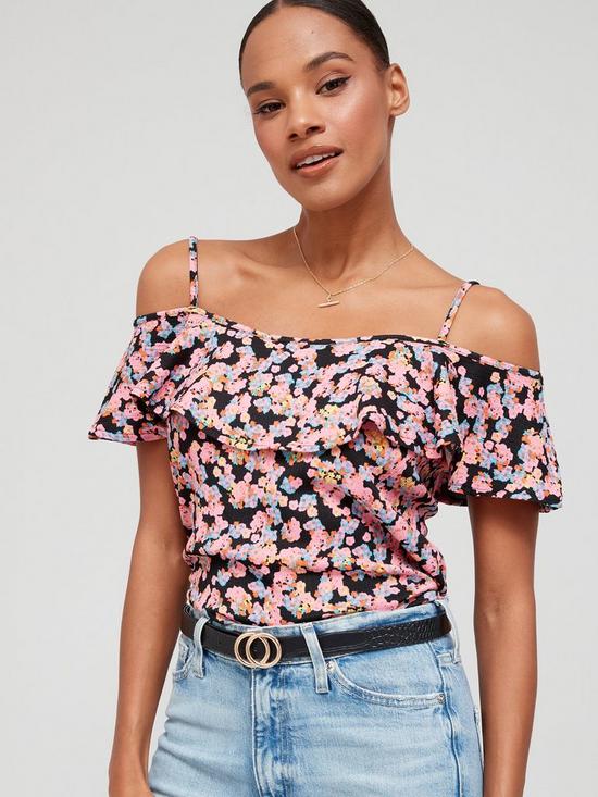 front image of v-by-very-pcold-shoulder-ruffle-jersey-top-ndash-multi-printp