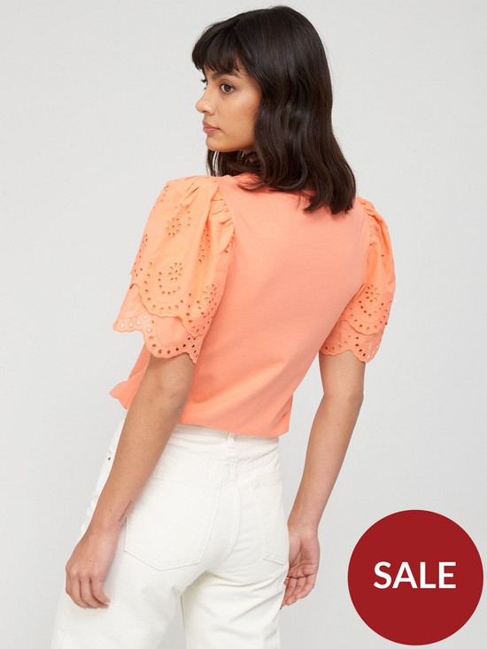 stillFront image of v-by-very-embroidered-scallop-sleeve-t-shirt-coral