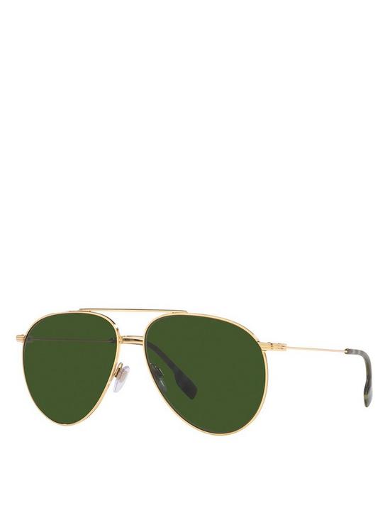 front image of burberry-pilot-gold-frame-dark-green-lens-sunglasses