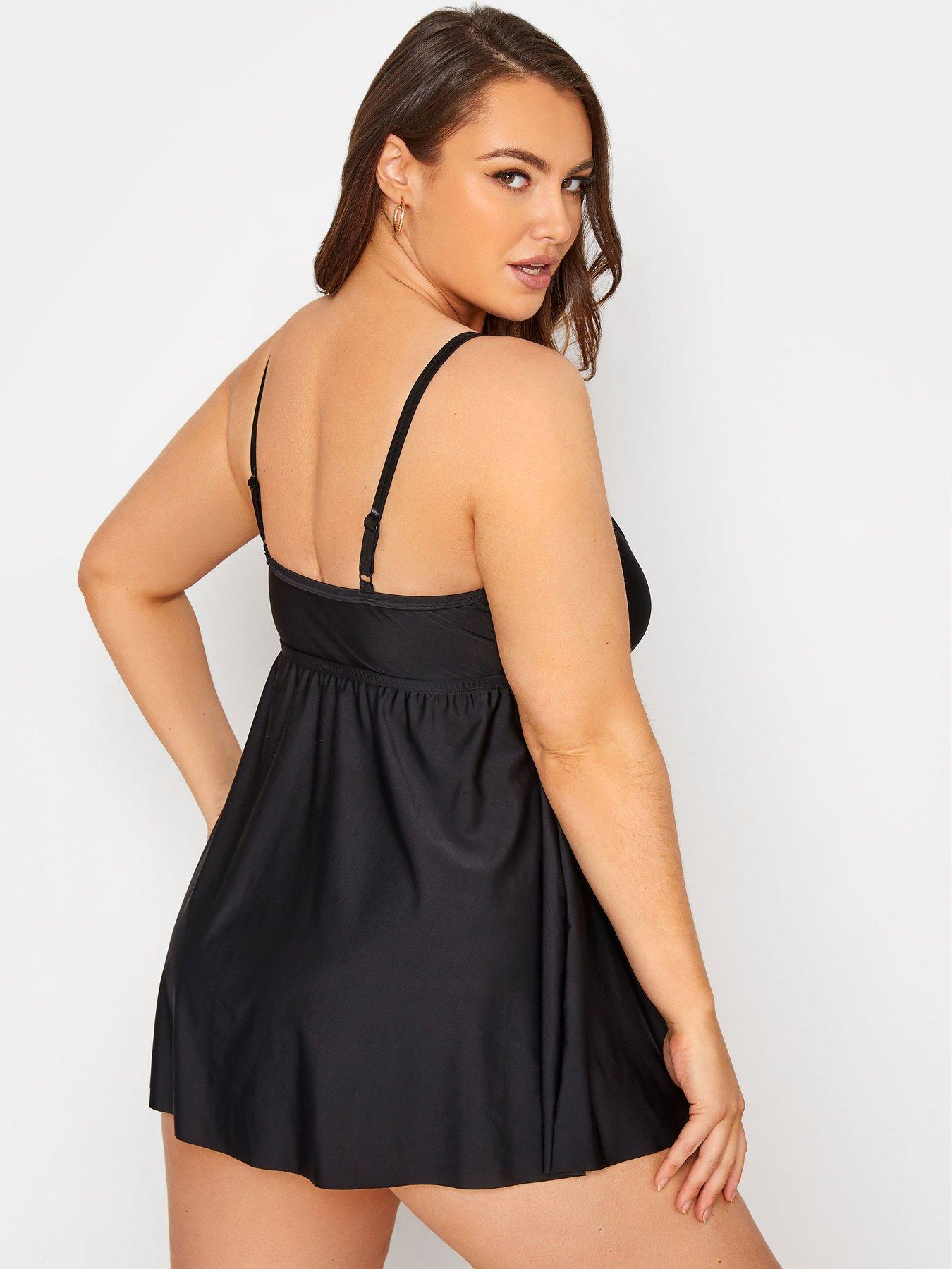 Image 2 of 4 of Yours Curve Mesh Panel Swim Dress - Black