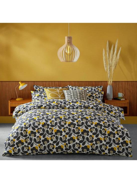 front image of orla-kiely-japonica-100-cotton-200-thread-count-duvet-cover-graphiteyellow