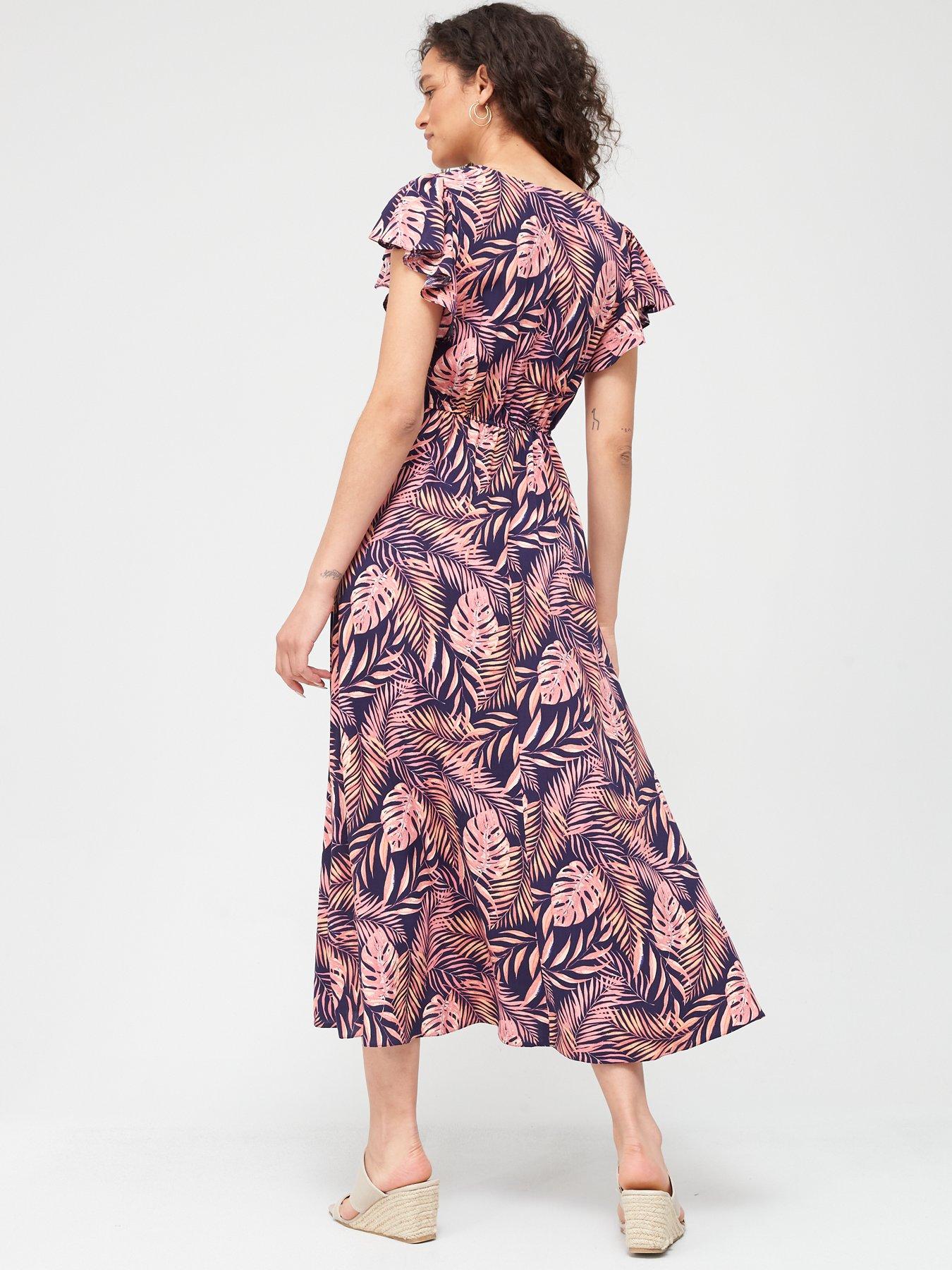 Fig & Basil Sleeveless Frill V Neck Maxi Dress Navy Print