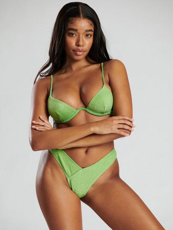 front image of south-beach-green-metallic-exaggerated-wire-bra-and-cheeky-brief