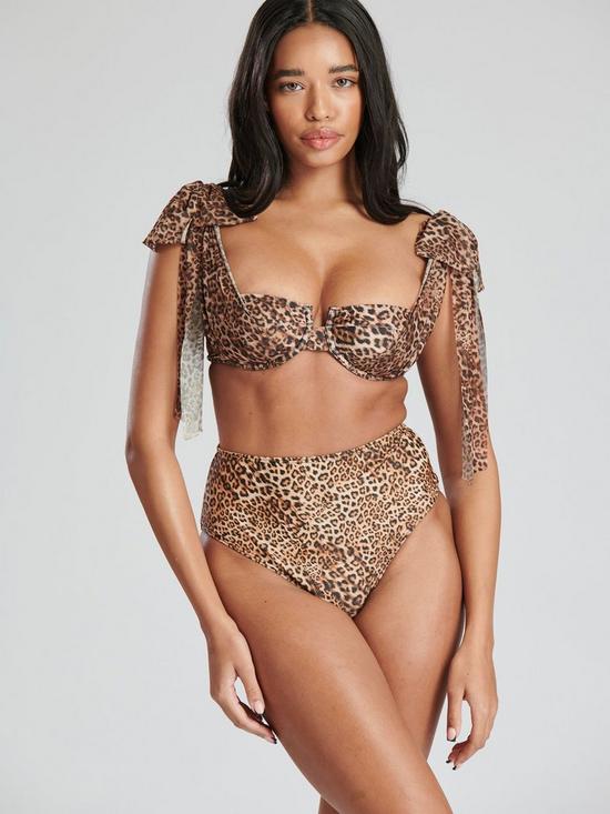 front image of south-beach-leopard-ruched-cup-bikini-with-mesh-shoulder-tie-detail