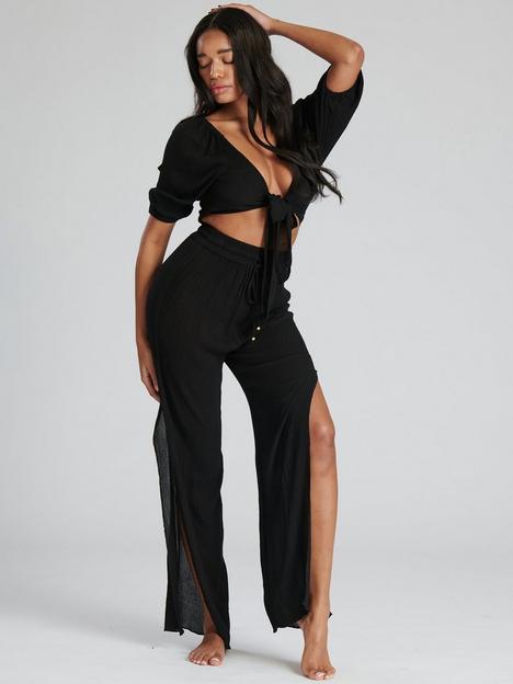 south-beach-black-crinkle-viscose-front-tie-top-and-split-side-pant