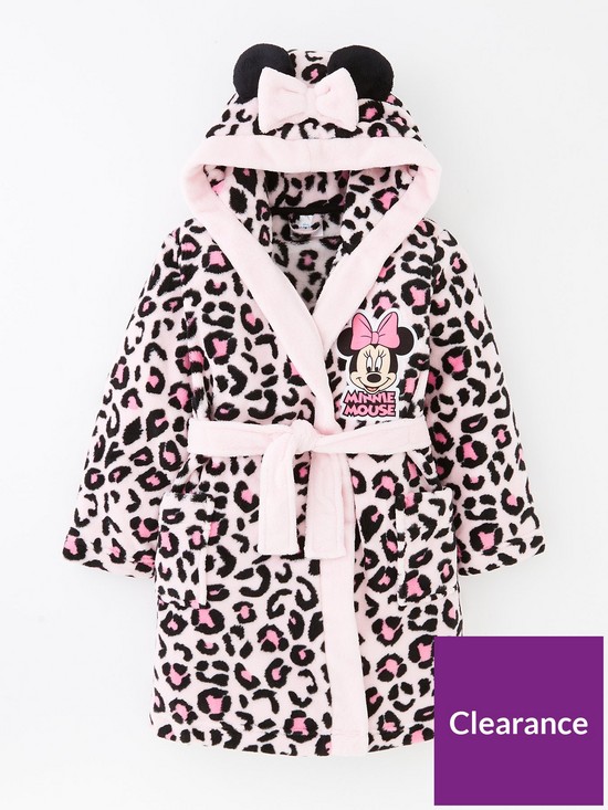 front image of minnie-mouse-girls-minnie-mouse-animal-print-hood-detail-dressing-gown-pink