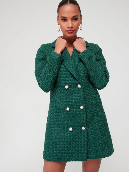 front image of v-by-very-boucle-pearl-button-blazer-dress-forest-green