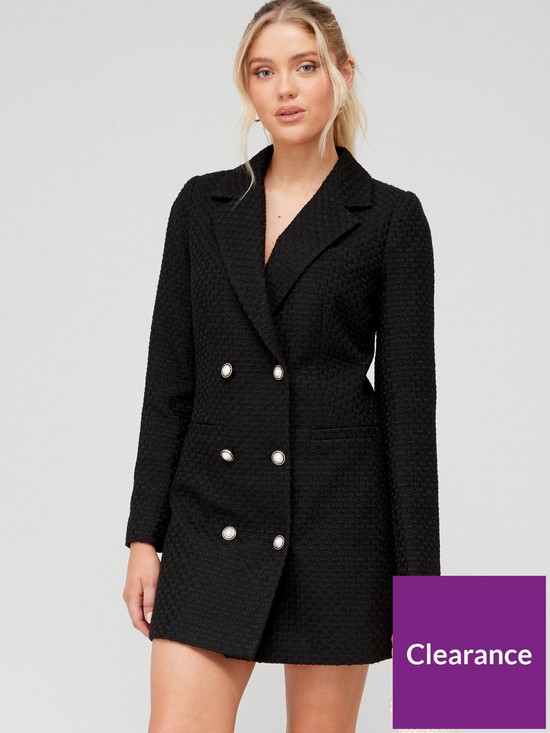 front image of v-by-very-boucle-pearl-button-blazer-dress-black