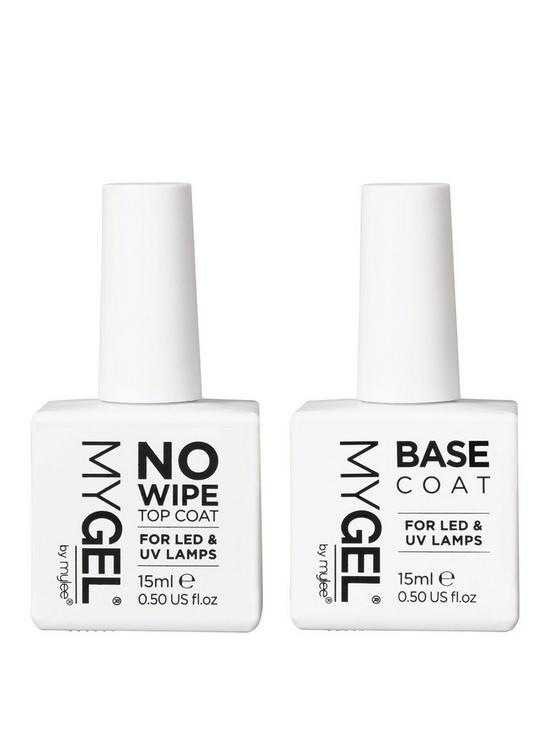 front image of mylee-mygel-no-wipe-top-base-coat-duo-gel-polish-set-2x15ml