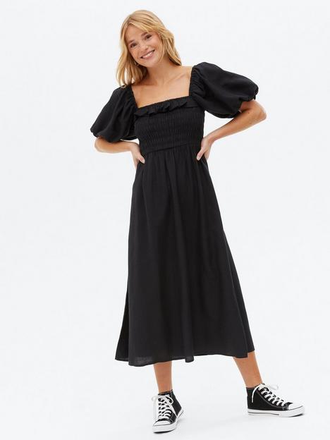 new-look-black-linen-look-frill-shirred-midi-dress