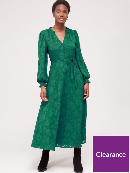 front image of fig-basil-long-sleeve-tie-waist-floral-jacquardnbspmidaxi-dressnbsp--green