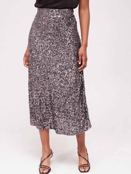 front image of fig-basil-sequin-midaxi-skirt-pewter