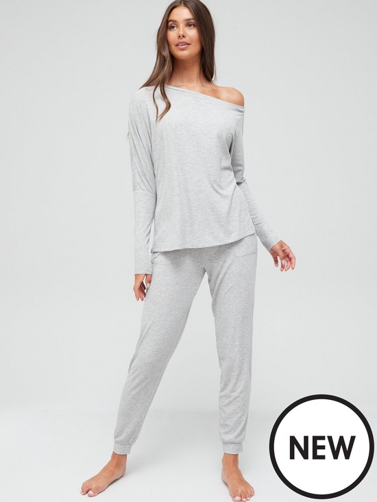 front image of v-by-very-off-the-shoulder-soft-touch-loungewear-set-greynbsp