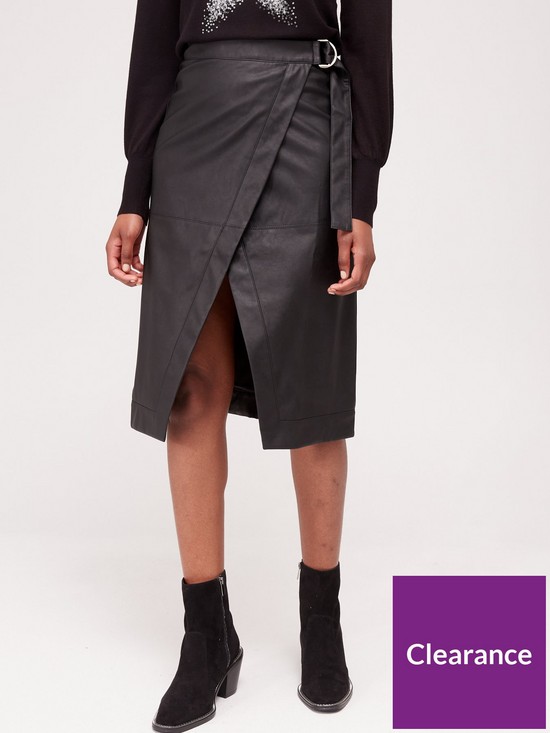 front image of fig-basil-pu-wrap-d-ring-midi-skirt-black