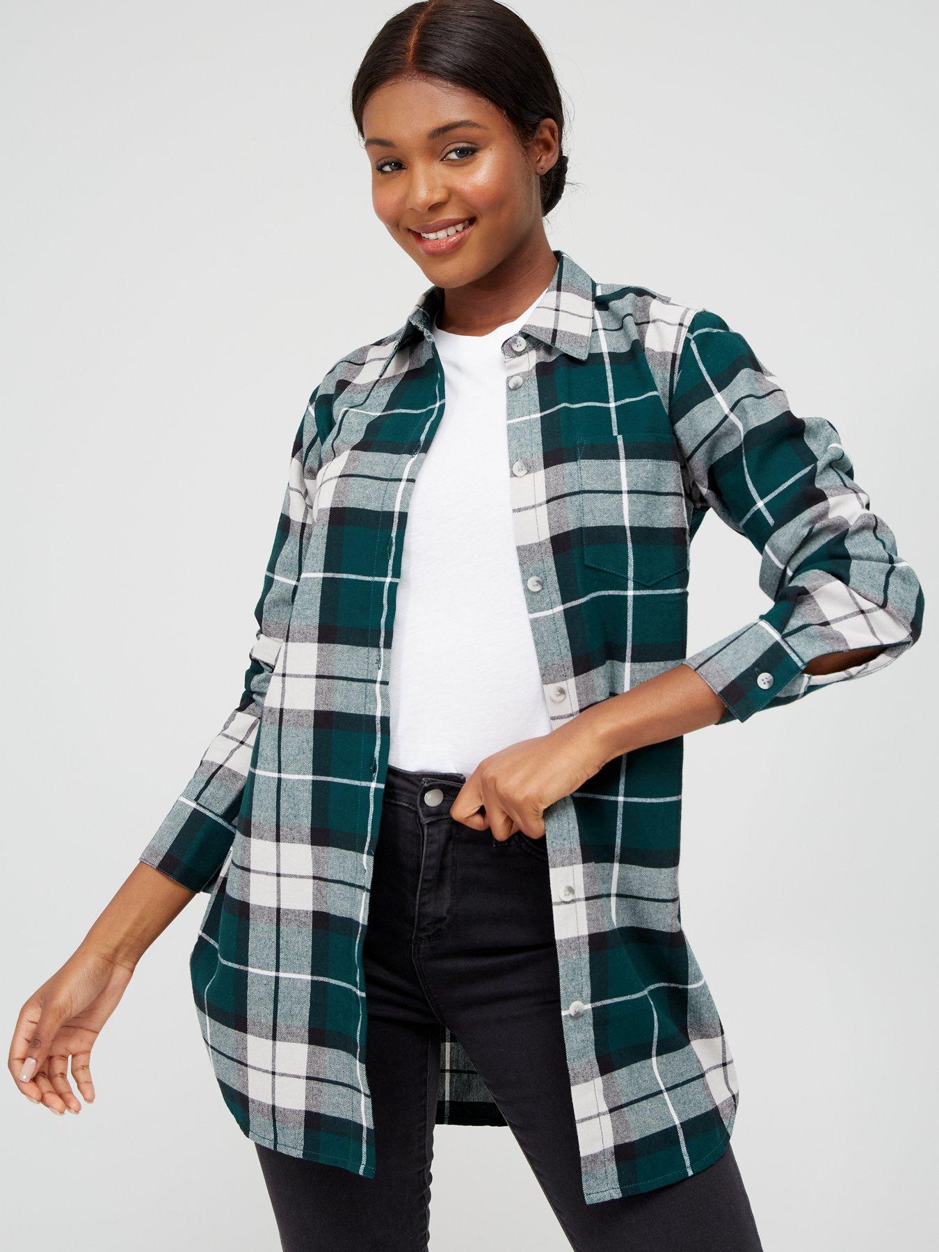  image of v-by-very-longline-boyfriend-check-shirt-green-check