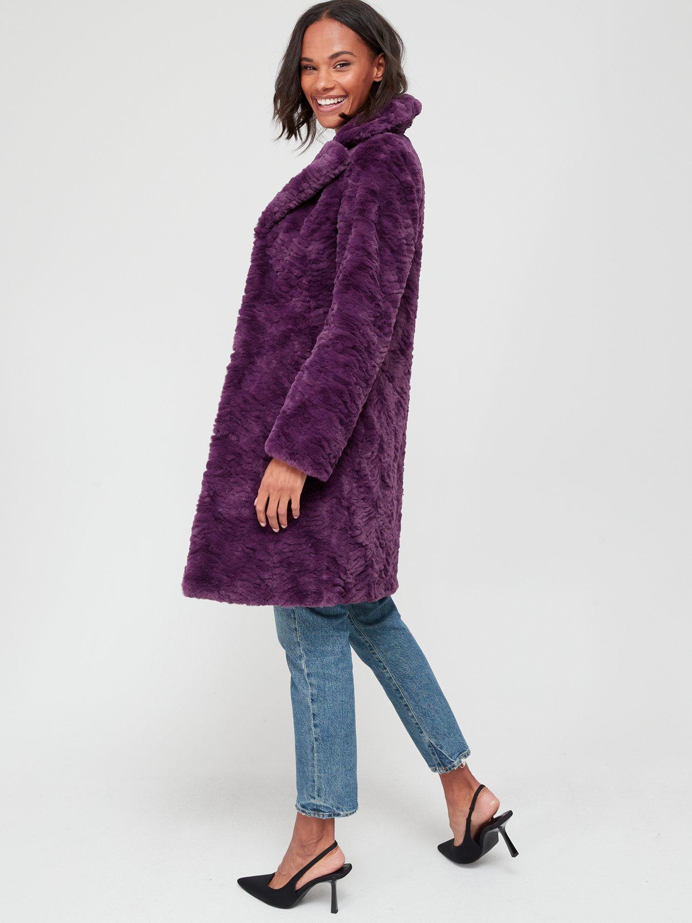  image of v-by-very-textured-faux-fur-coat-deep-plum